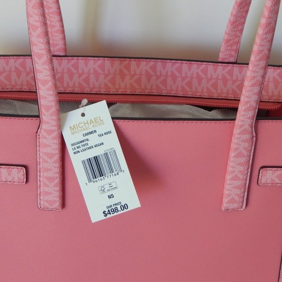 NWT $498 MICHAEL KORS CARMEN MK Monogram LARGE TZ Tea Rose Tote Shoulder Bag - Picture 14 of 14